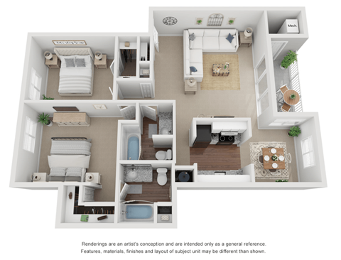 2 Bedroom 2 Bath Floor Plan 1108 sq ft 3D.